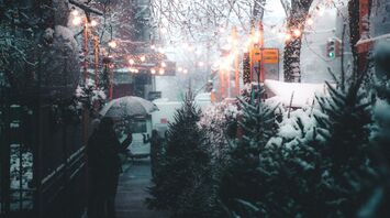Snow-covered street with festive string lights, Christmas trees, and people holding umbrellas