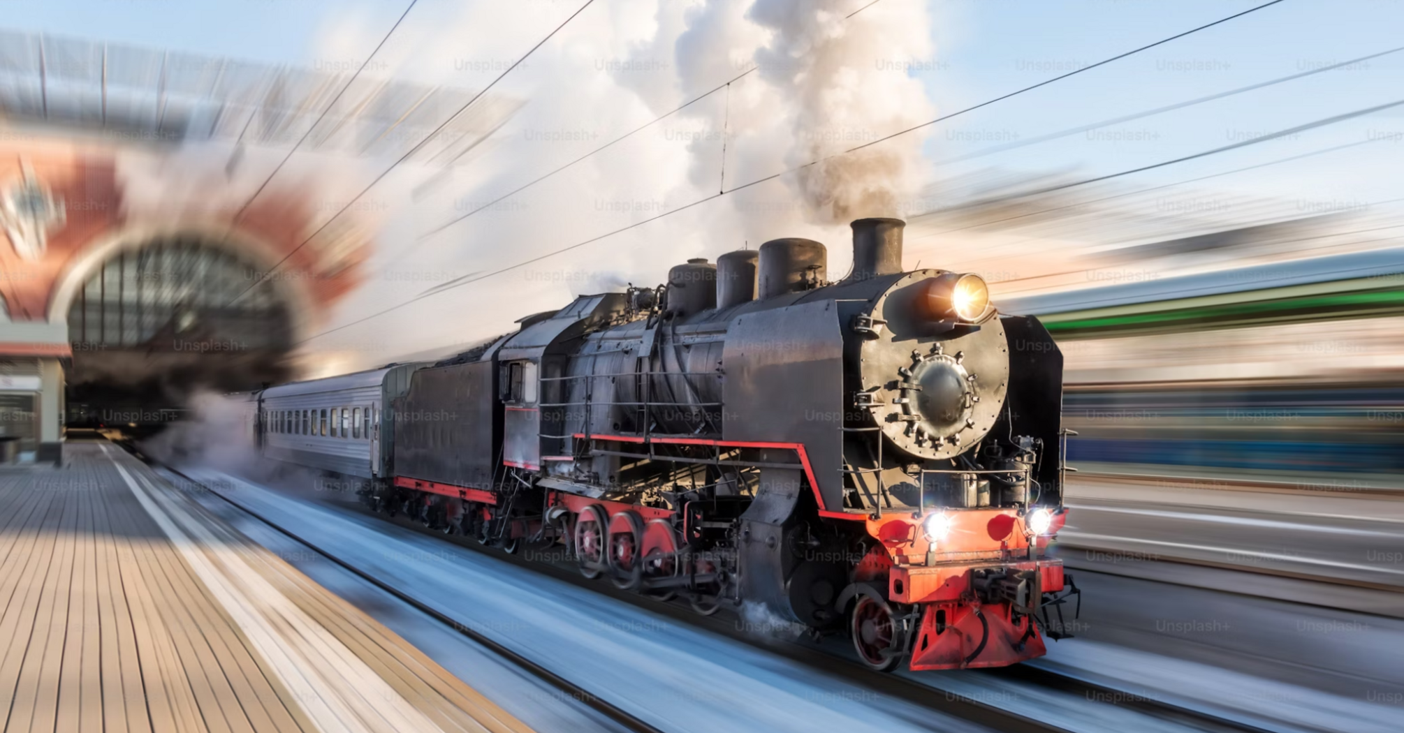 A classic steam train departing from a station, surrounded by a atmosphere of speed and motion