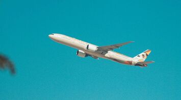 Etihad Airways plane in flight against a clear blue sky