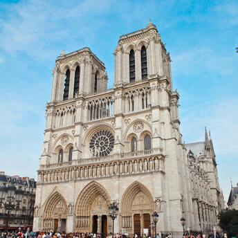 Front view of Notre-Dame Cathedral in Paris