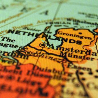 Detailed map highlighting the Netherlands and nearby regions