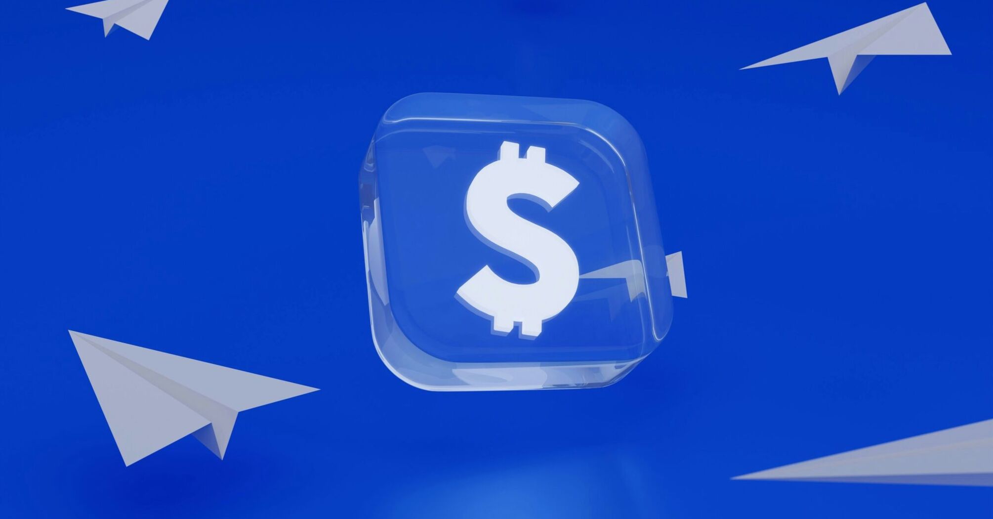 A transparent cube with a dollar sign floating against a bright blue background, surrounded by white paper airplanes