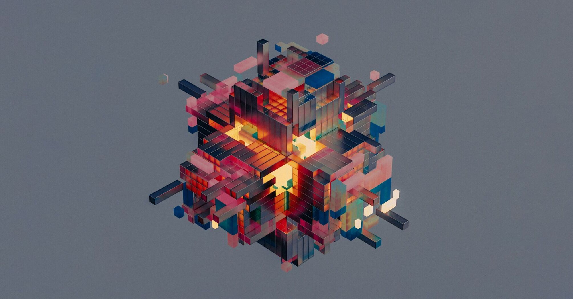 Abstract digital artwork of a complex, multicolored cubic structure with a glow at its core, set against a neutral background