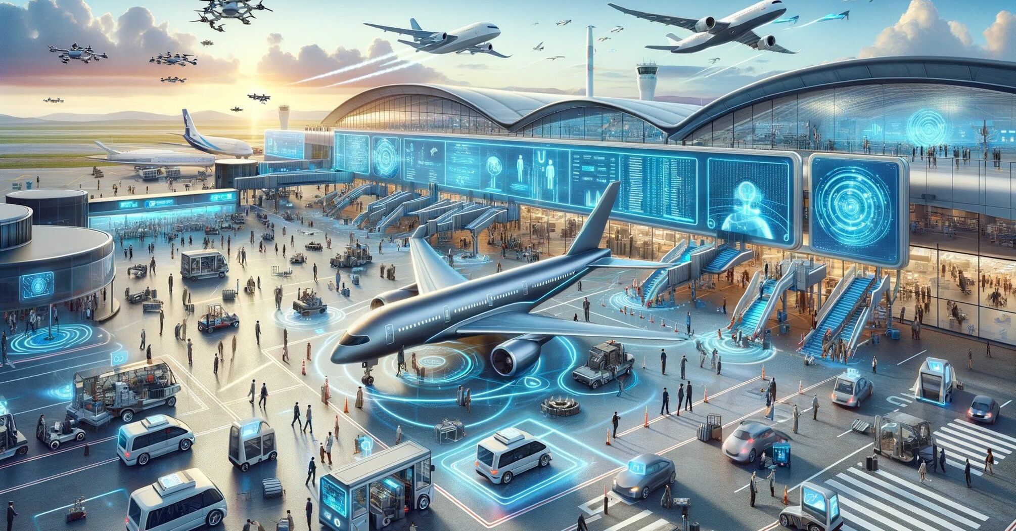 Futuristic airport scene showcasing AI's integration in aviation, with advanced aircraft, autonomous vehicles, and AI-driven passenger services 