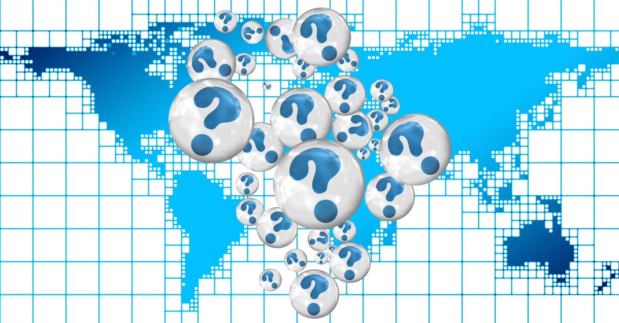 A digital image featuring numerous white question marks inside bubbles over a blue background with a pixelated world map design
