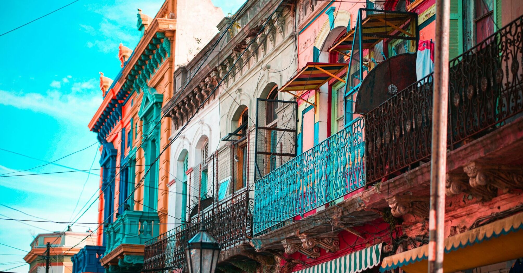 Colorful facades of buildings with balconies in Buenos Aires, Argentina