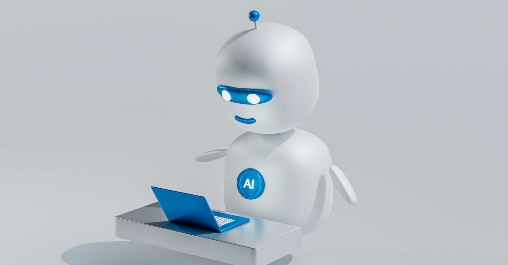 Stylized illustration of a robot with an 'AI' badge working on a laptop