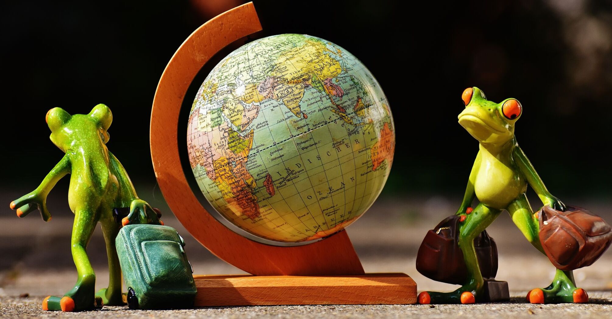 Two frog figurines, one standing and one sitting, appear ready for an adventure with a small suitcase and a globe