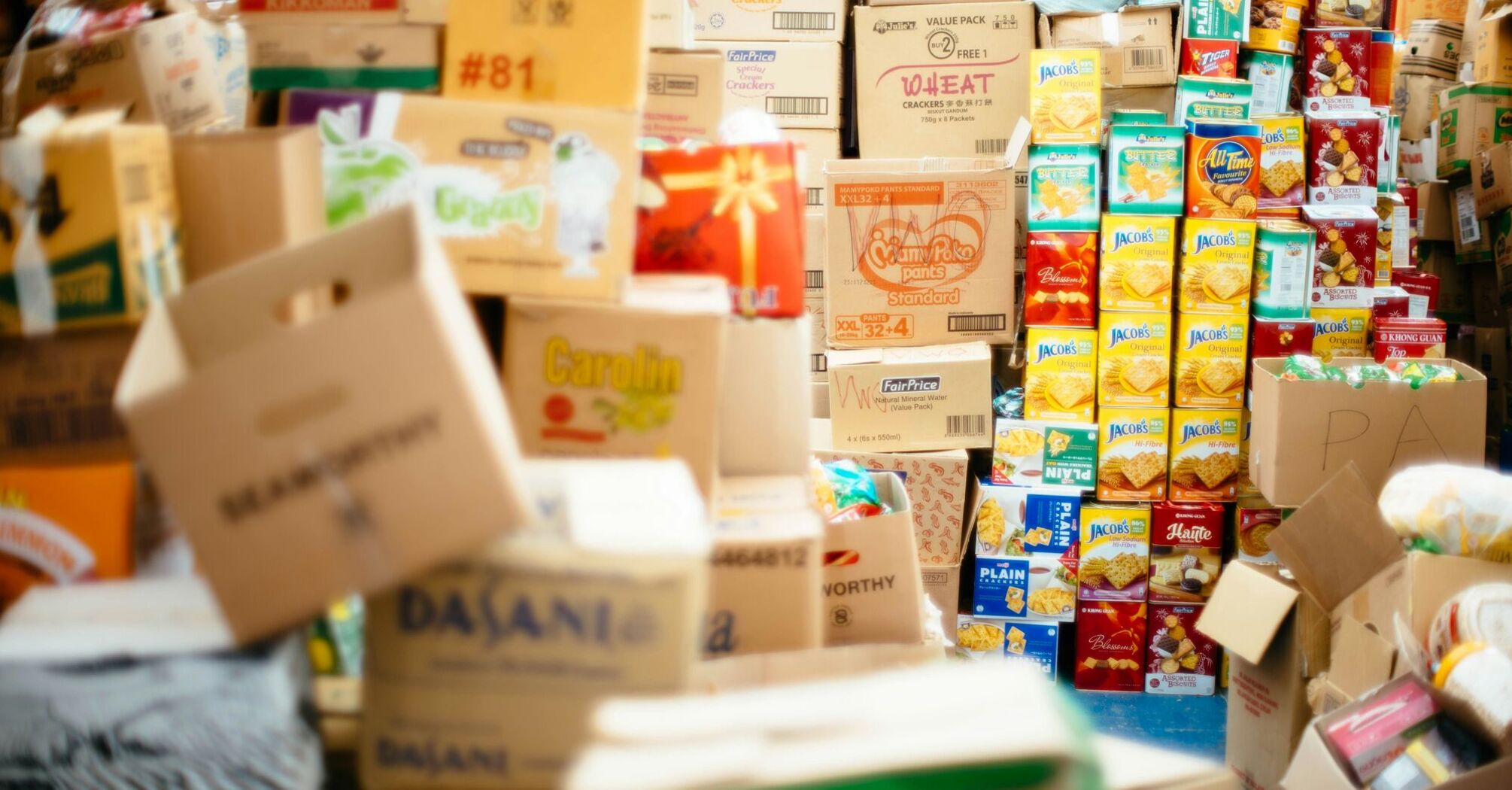A variety of food items in multiple cardboard boxes in a storage area