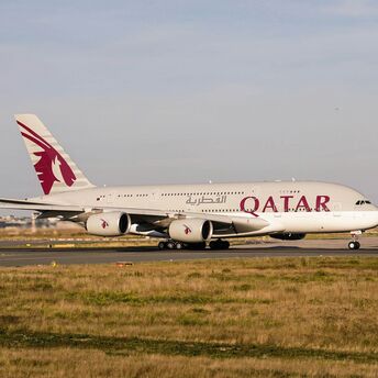 Qatar Airways Airbus A380 during takeoff in Frankfurt