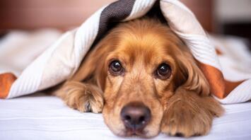English Cocker Spaniel puppy covered with a blanket