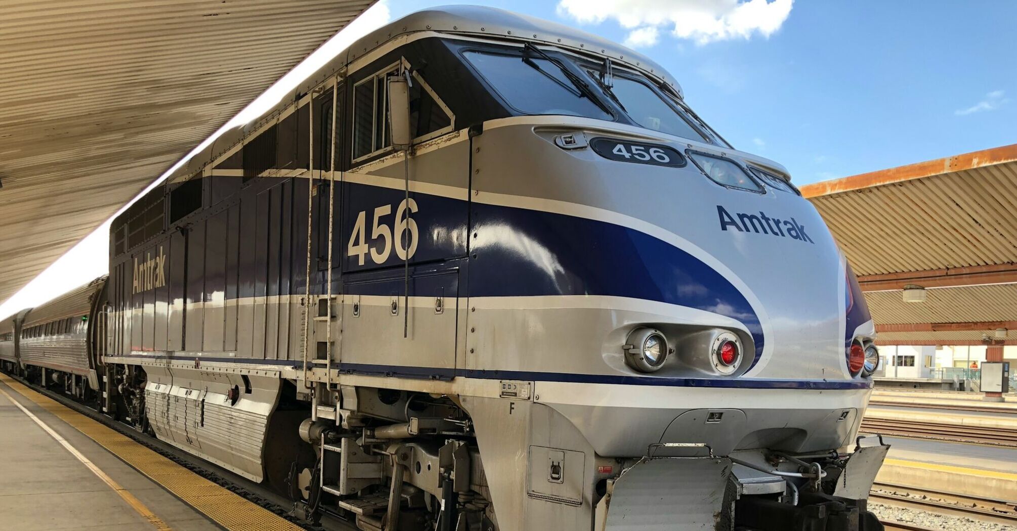 Amtrak train parked at a station platform