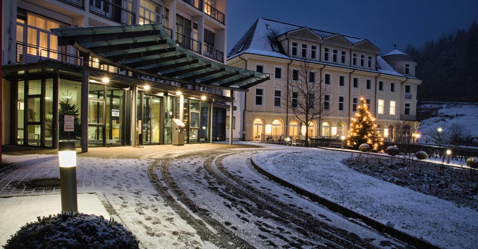 Modern hotel in a snowy city