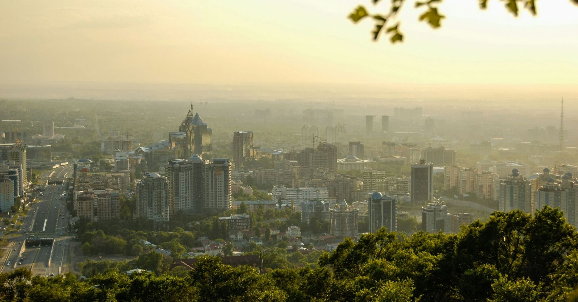 A hazy sunrise view over the sprawling cityscape of Almaty, Kazakhstan, with modern buildings silhouetted against the soft morning light, framed by foreground leaves