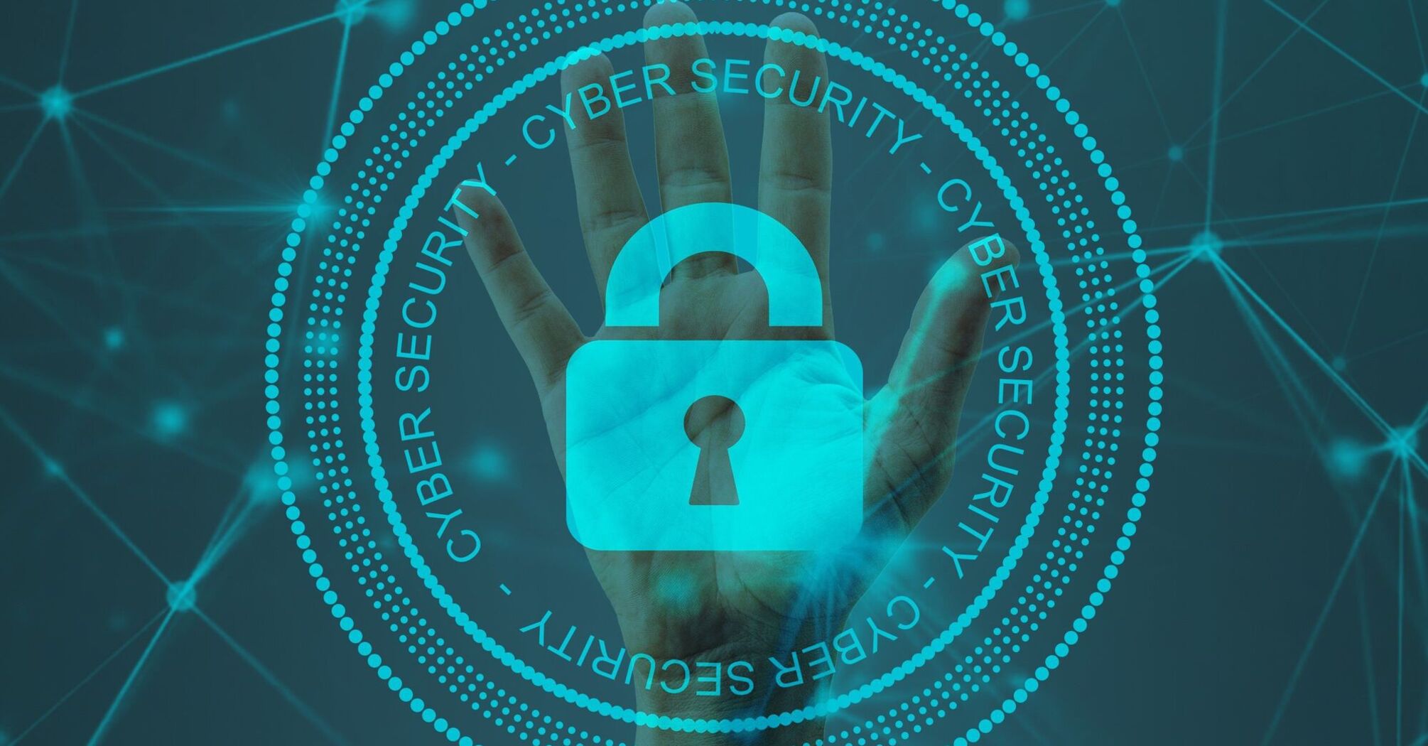 A graphic representation of cybersecurity, featuring a hand symbolizing protection within a digital network, encircled by layers of security symbols and cyber terminology