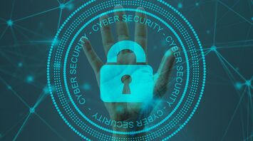 A graphic representation of cybersecurity, featuring a hand symbolizing protection within a digital network, encircled by layers of security symbols and cyber terminology