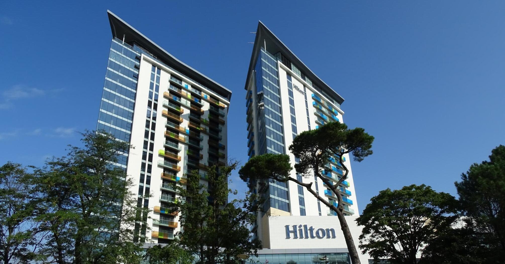 Hilton hotel building with name inscription