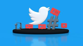 A stylized 3D representation of a Twitter bird icon surrounded by various social media interaction symbols including like, retweet, comment, and hashtag