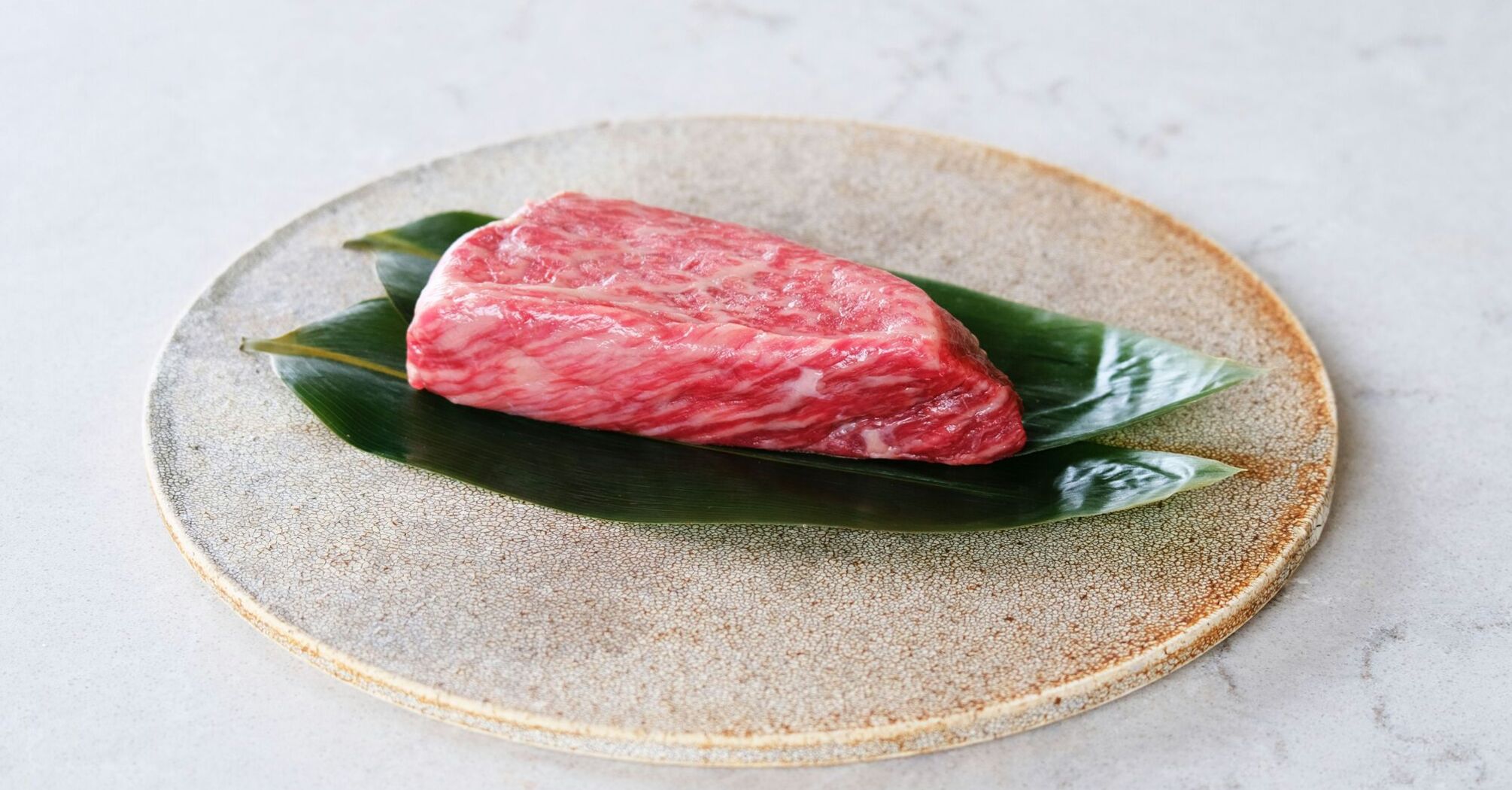 A pristine slice of Wagyu beef resting on a green leaf placed on a ceramic plate with a sandy texture, against a light grey surface