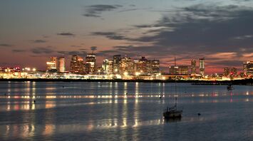 A city skyline at night
