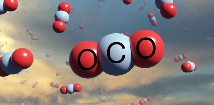 3D illustration of carbon dioxide molecules in the atmosphere
