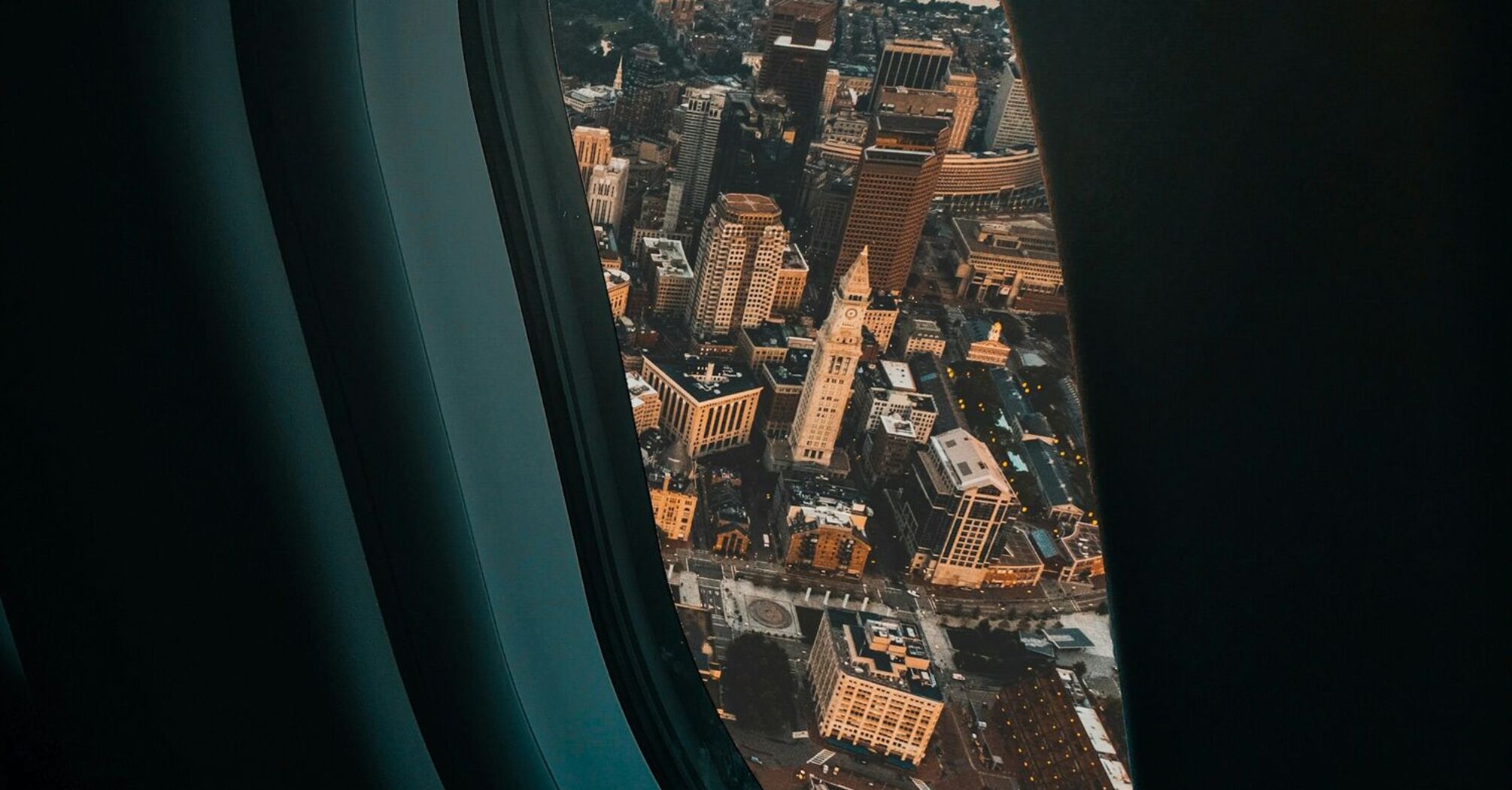 View of a cityscape through an airplane window