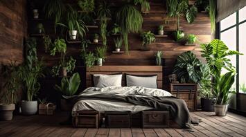 Bedroom surrounded by a lot of green plants