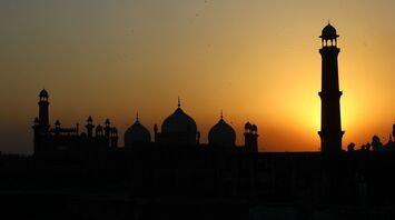 Silhouette of a mosque in Pakistan at sunset