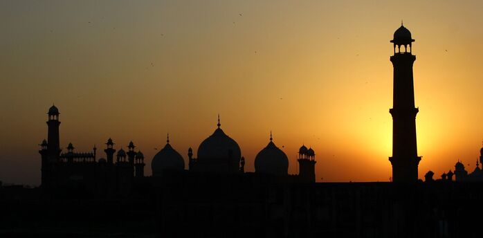 Silhouette of a mosque in Pakistan at sunset