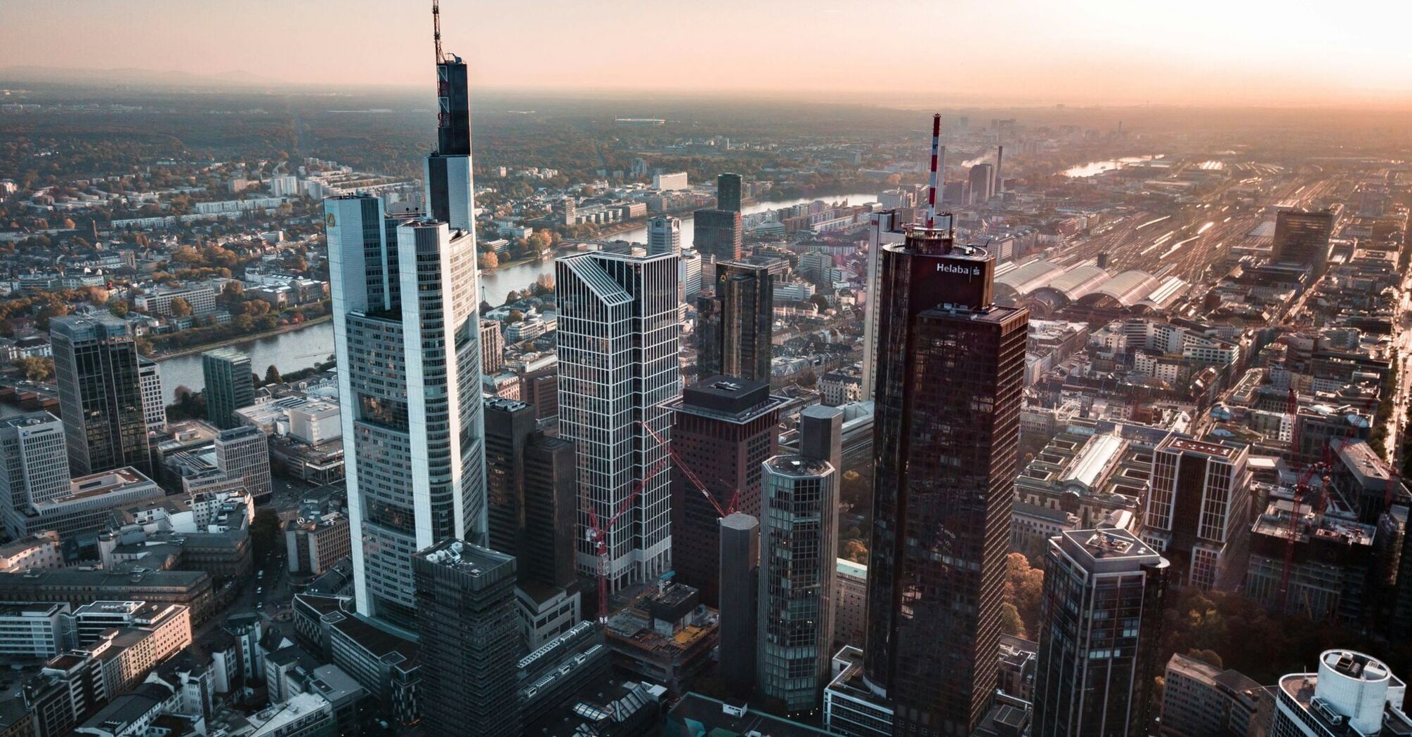 Aerial view of Frankfurt skyline at dusk