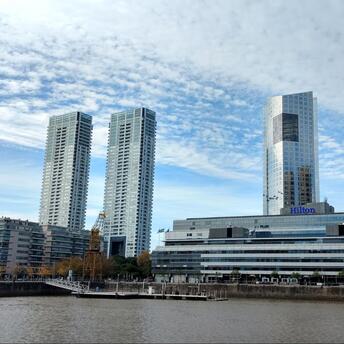 Buildings of the Hilton hotel on the river bank