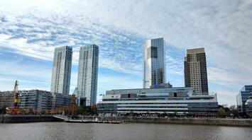 Buildings of the Hilton hotel on the river bank