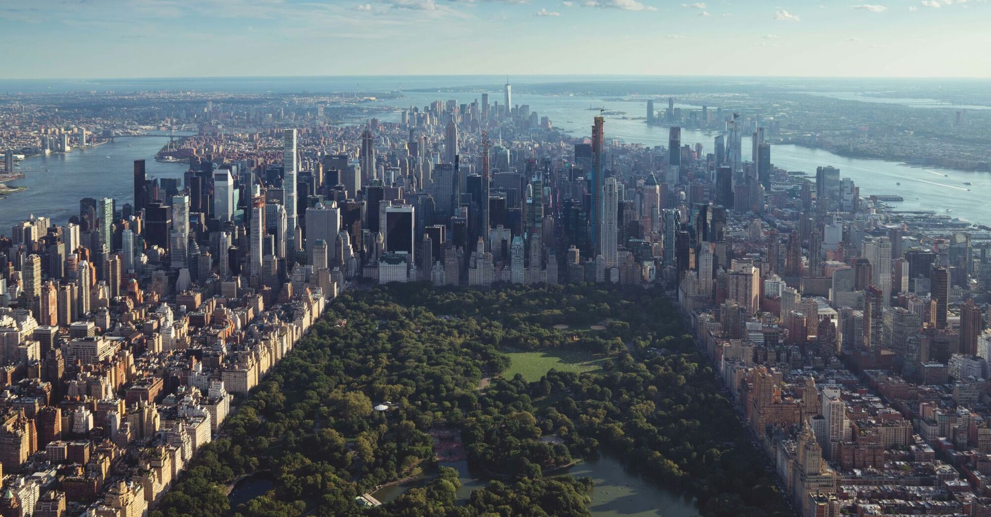 Aerial view of Central Park surrounded by Manhattan skyscrapers in New York City