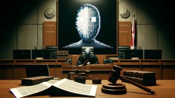 Symbolic courtroom setting with a gavel, digital screen displaying a pixelated face, and legal documents on a judge's bench