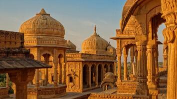 Stone temple in India at sunset