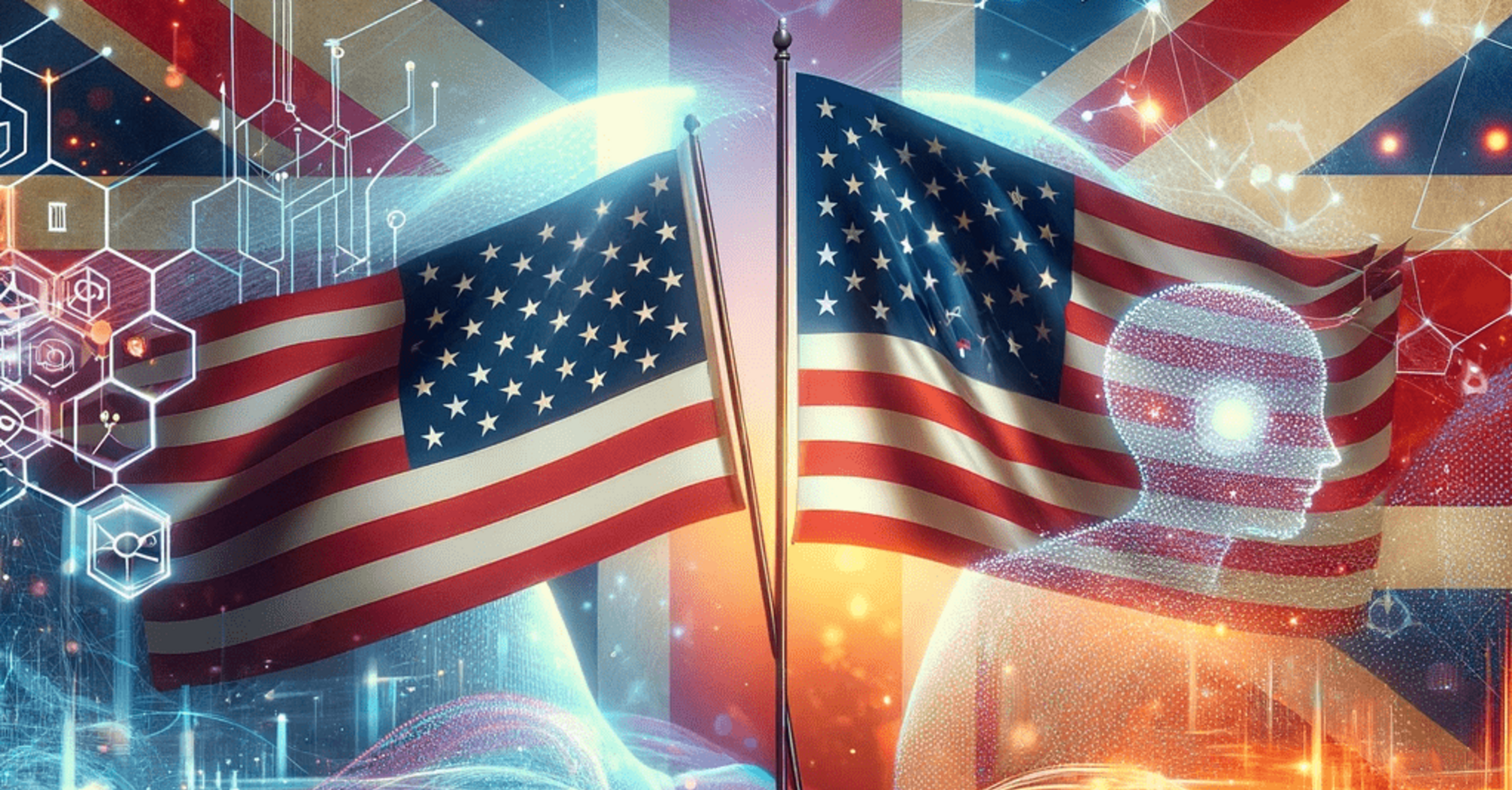 Illustration of UK and US flags intertwined, symbolizing their AI safety partnership, with digital AI and safety symbols in the background