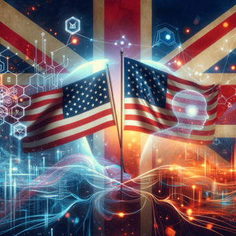 Illustration of UK and US flags intertwined, symbolizing their AI safety partnership, with digital AI and safety symbols in the background