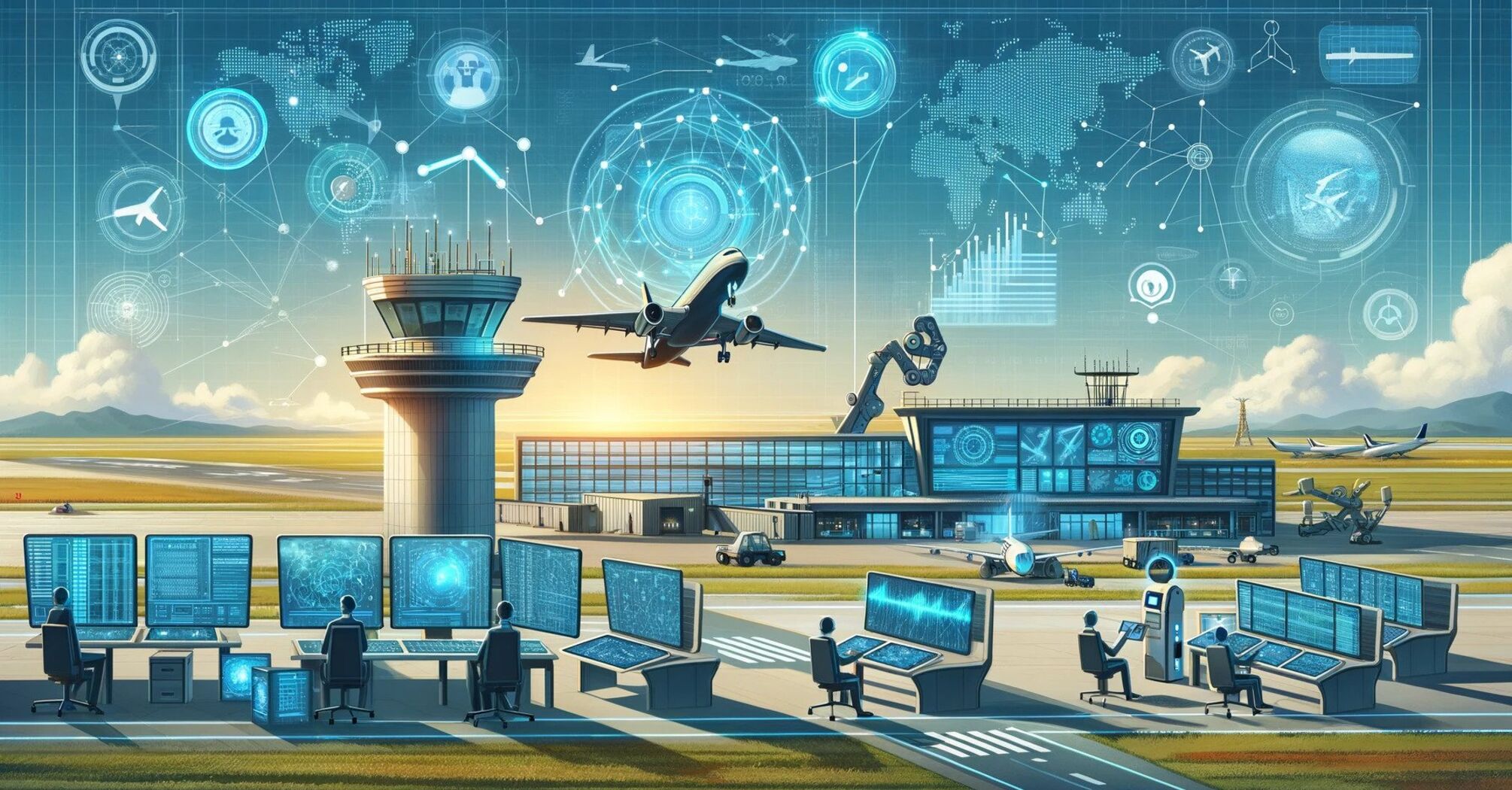 Control tower with screens and holographic data, airplane taking off, and robot, representing AI in aviation