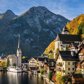 Houses in the Alps on the river bank