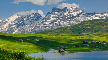 Houses at the mountain valley in Swiss Alps