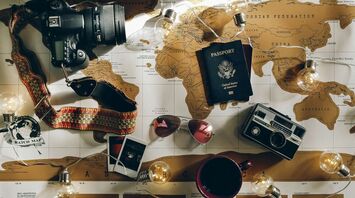 A map with a camera, a U.S. passport, sunglasses, and other travel items scattered on top, suggesting a travel or adventure theme