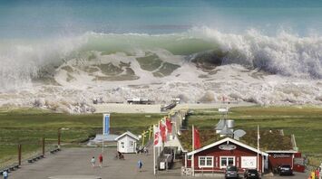 A massive wave approaching a coastal building near the beach
