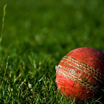A red cricket ball on a grassy field