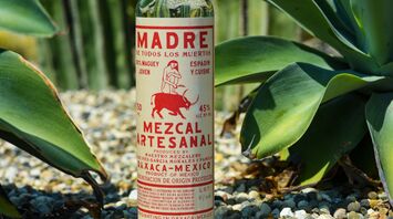 A bottle of mezcal riessanal sitting on a bed of gravel