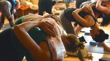 A group of women do sports