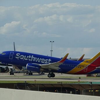 Blue and red Southwest airliner