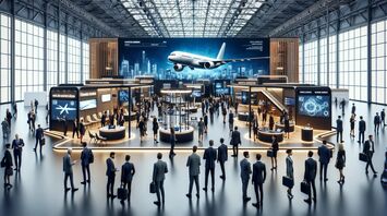 Modern travel exhibition pavilion with interactive displays and attendees