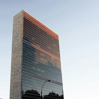 The United Nations Headquarters building against a clear sky