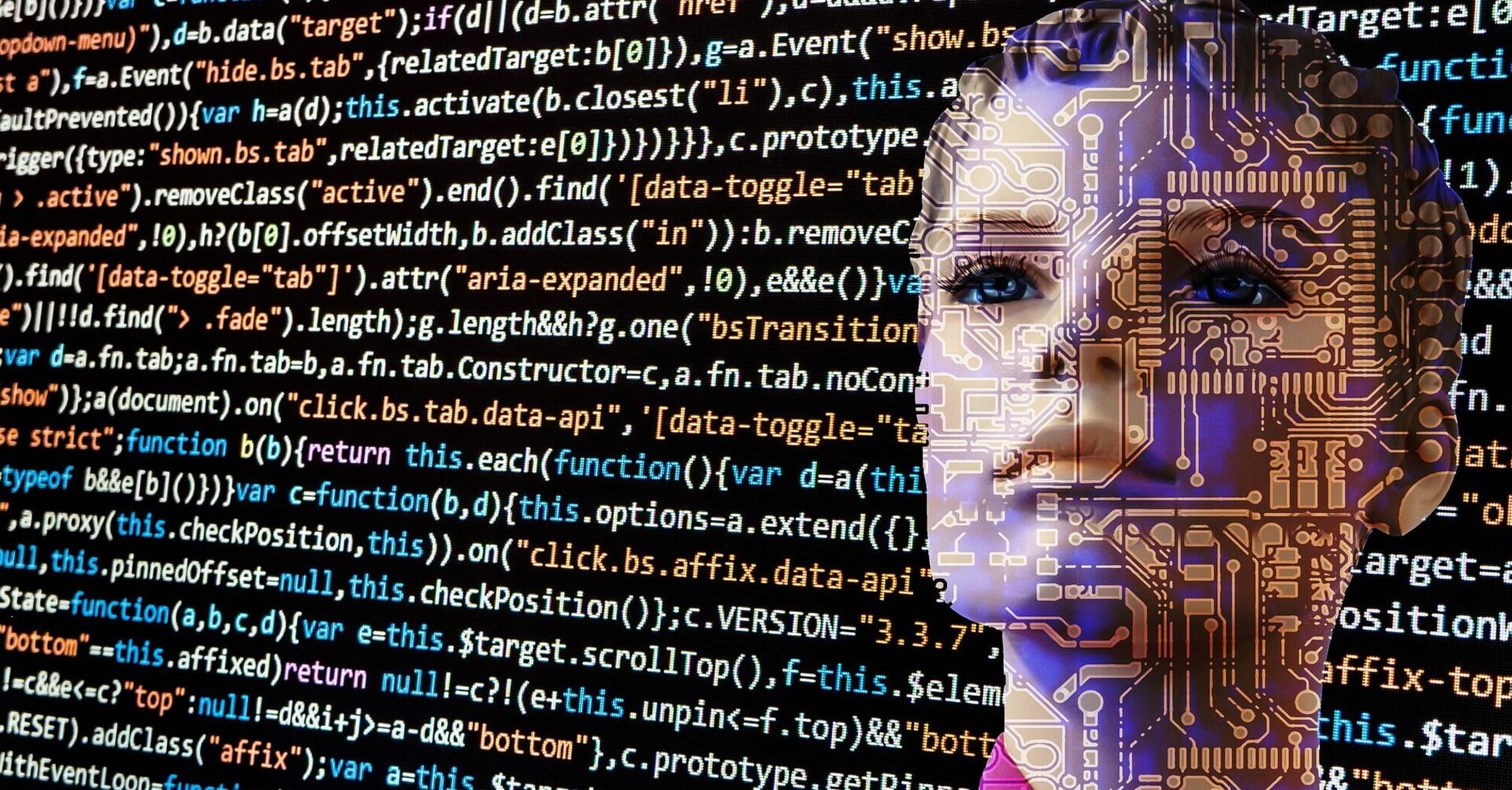 Abstract image of a woman's face merged with digital circuit patterns overlaying lines of code