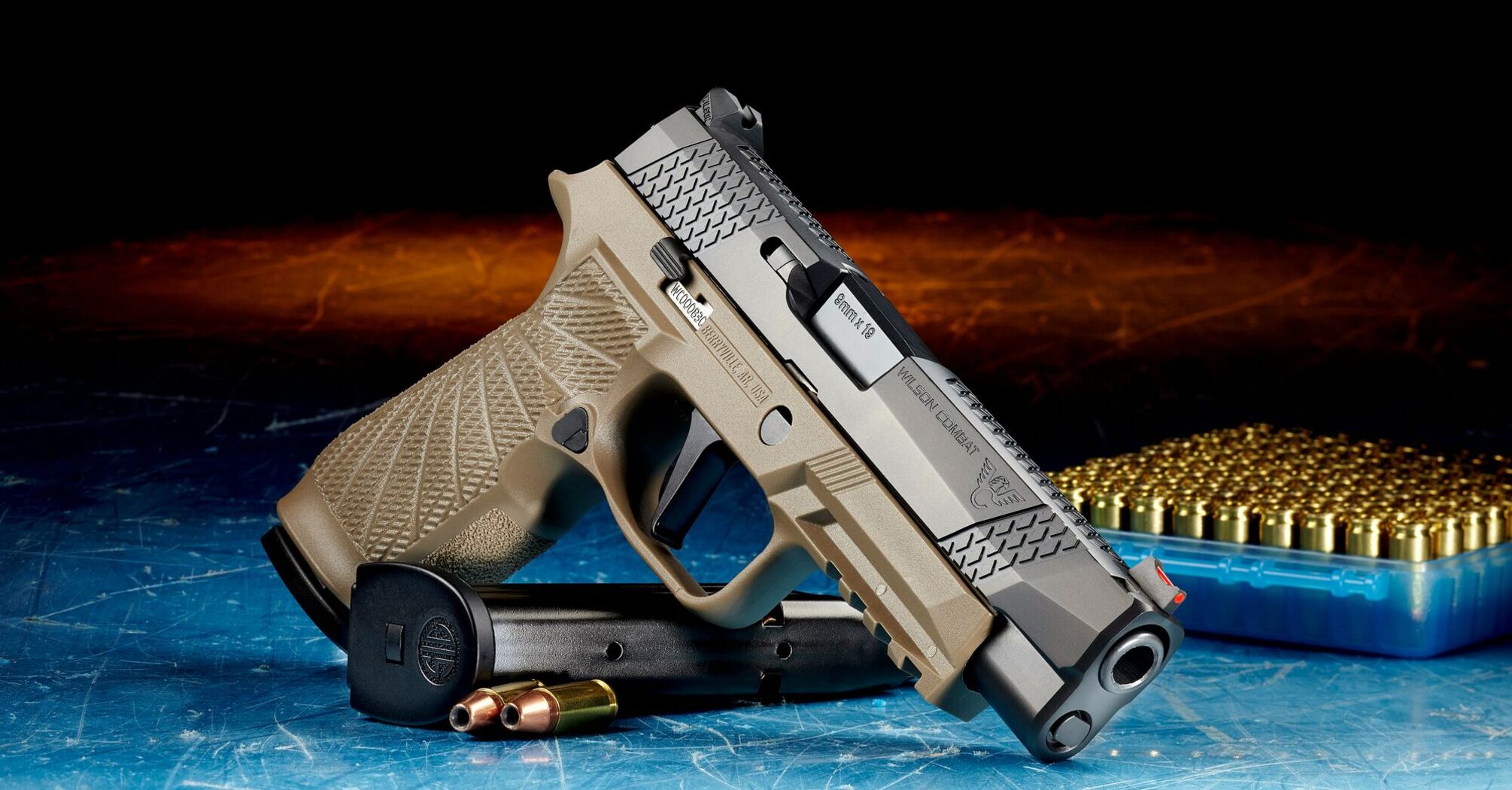 A handgun with ammunition on a surface